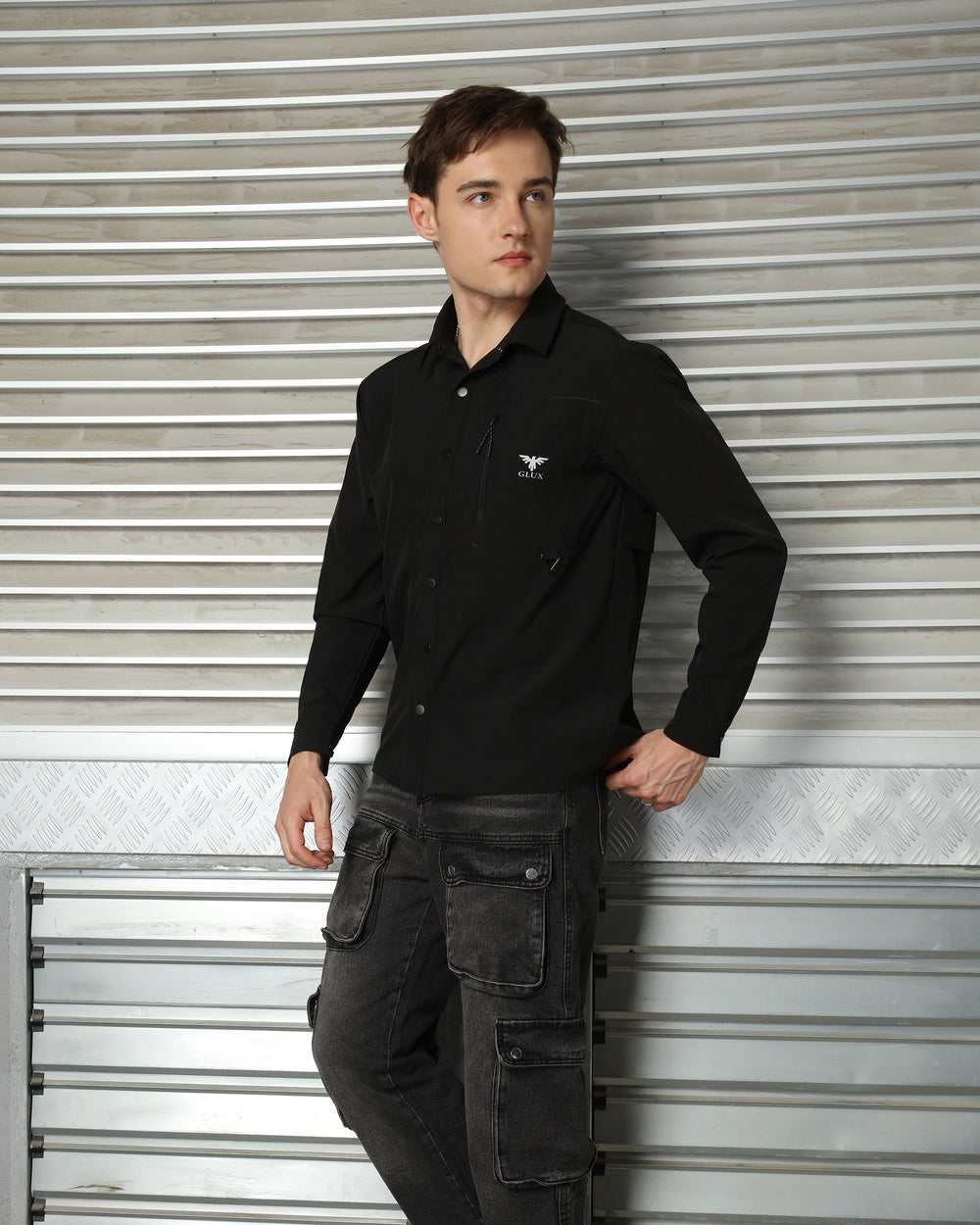 GLUX Men's Technical Utility Shirt Black Long Sleeve Outdoor Overshirt with Functional Pocket Design