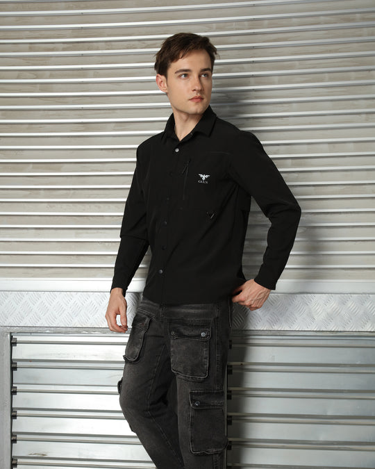 GLUX Men's Technical Utility Shirt Black Long Sleeve Outdoor Overshirt with Functional Pocket Design