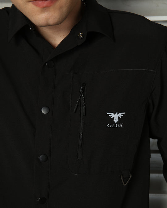 GLUX Men's Technical Utility Shirt Black Long Sleeve Outdoor Overshirt with Functional Pocket Design