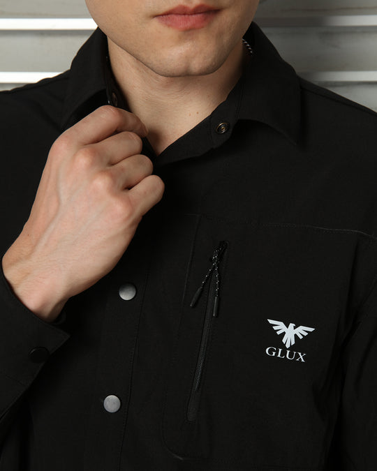 GLUX Men's Technical Utility Shirt Black Long Sleeve Outdoor Overshirt with Functional Pocket Design