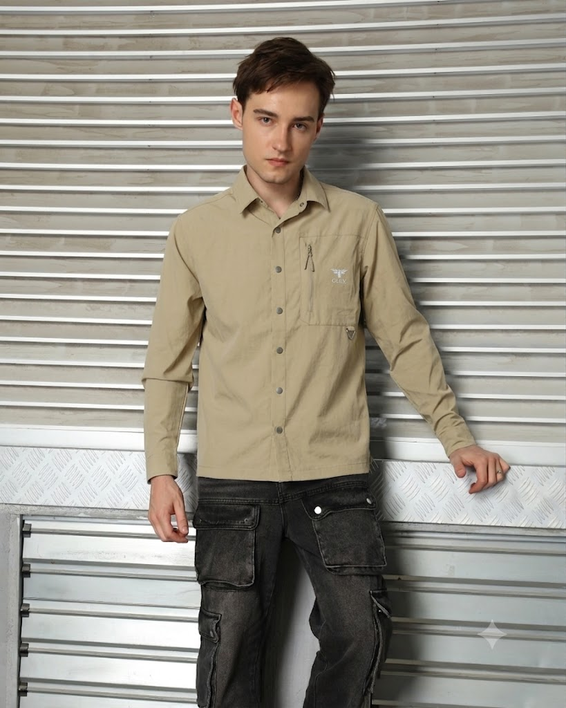 GLUX Men's Technical Utility Shirt Black Long Sleeve Outdoor Overshirt with Functional Pocket Design